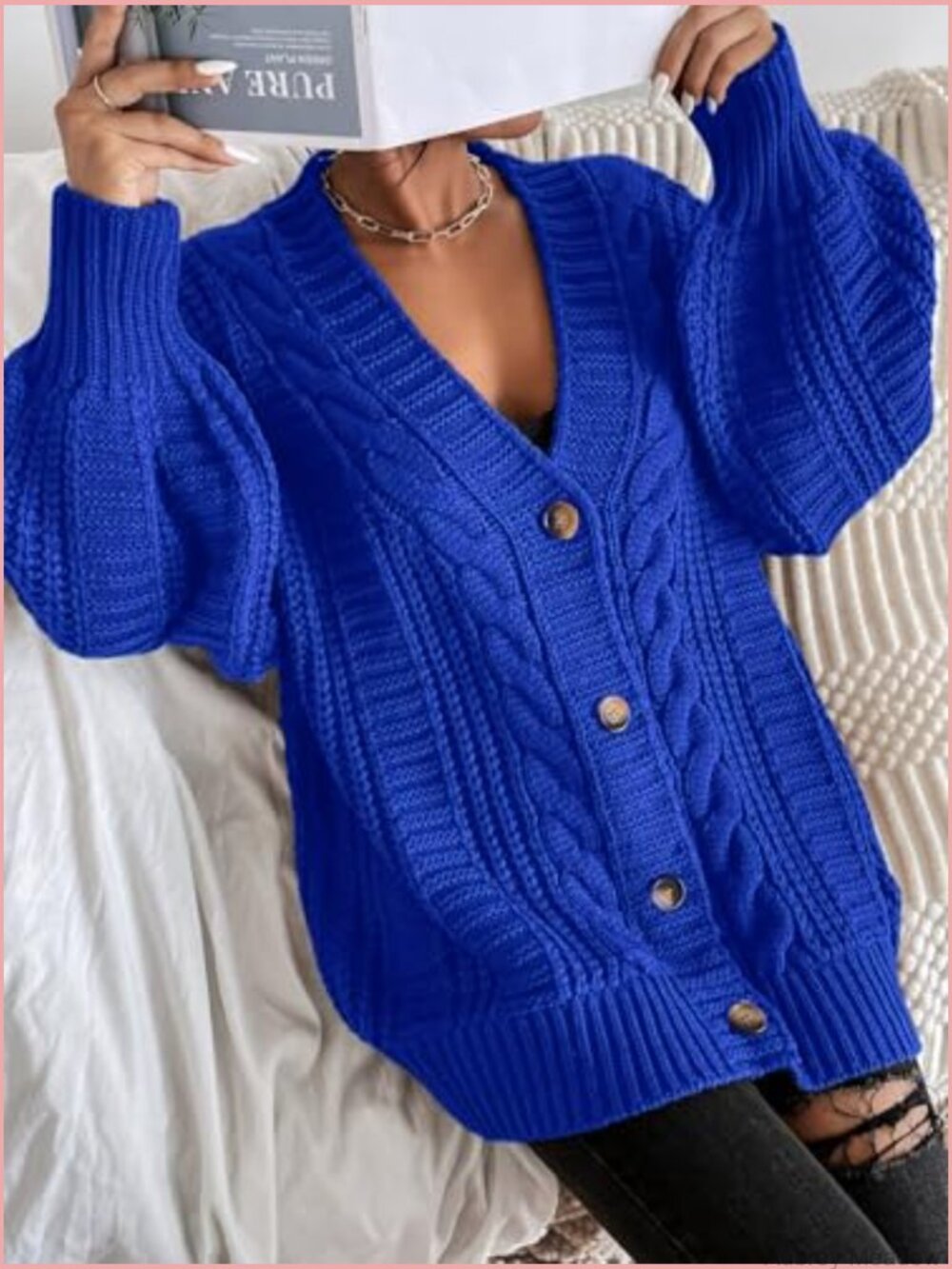 Women's Chunky Cable Knit Cardigan Sweater Button Up Long Sleeve Winter Coat - Picture 7 of 7